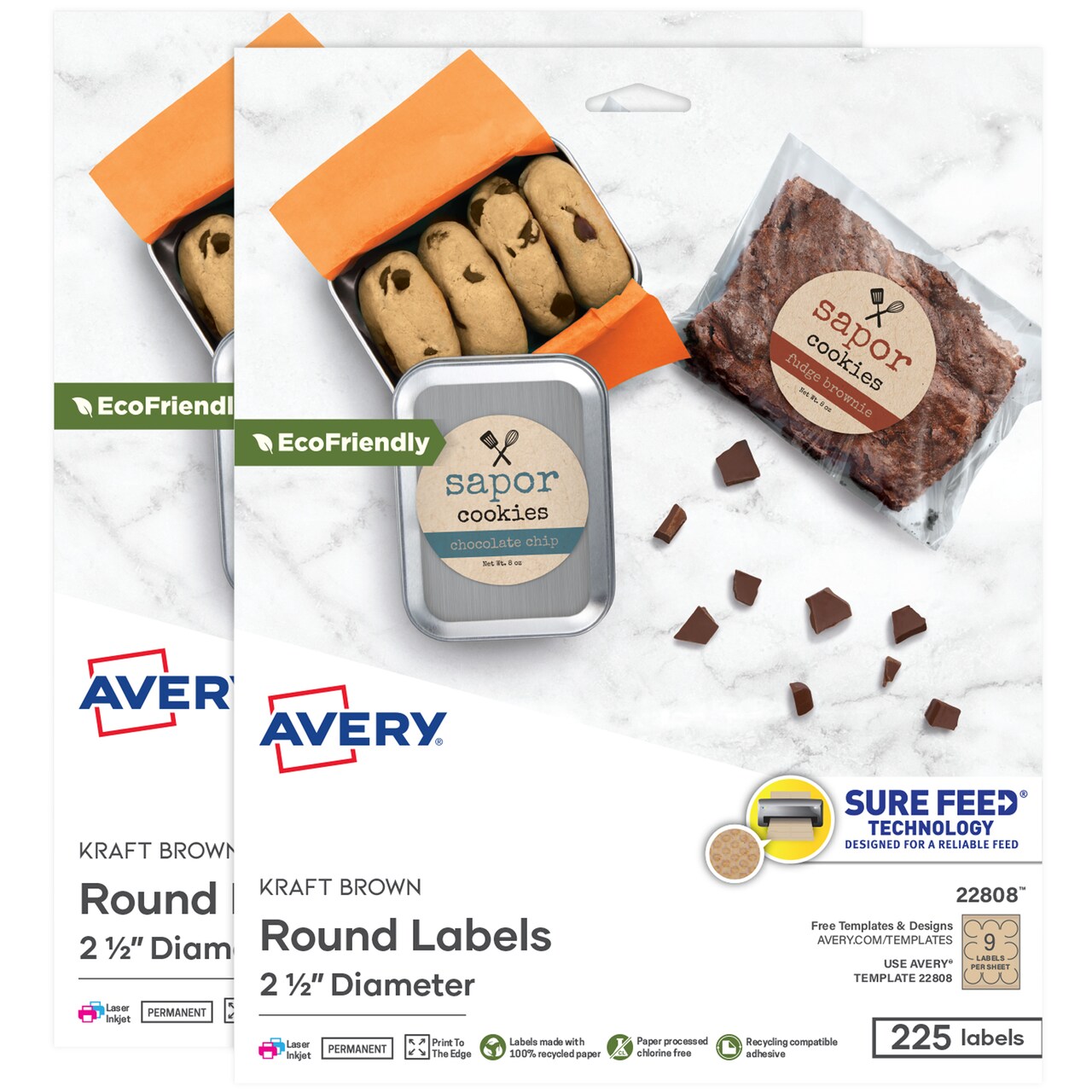 Avery Kraft Brown Round Labels with Sure Feed Technology, 2.5" Diameter, Print to the Edge, Laser/Inkjet Printable Labels, 2 Packs of 22808, 450 Total (5639)